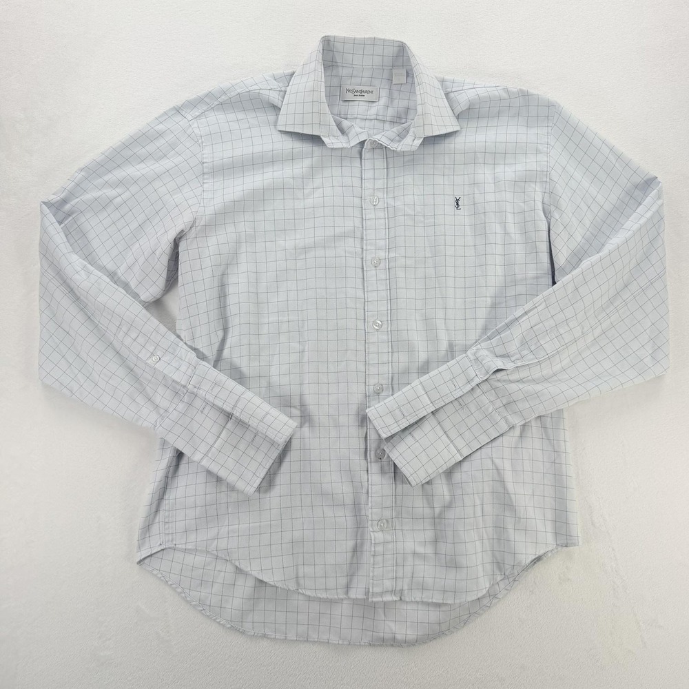 Yves Saint Laurent Shirt Mens 16.5 42 White Check Classic Long Sleeve Dress Logo
